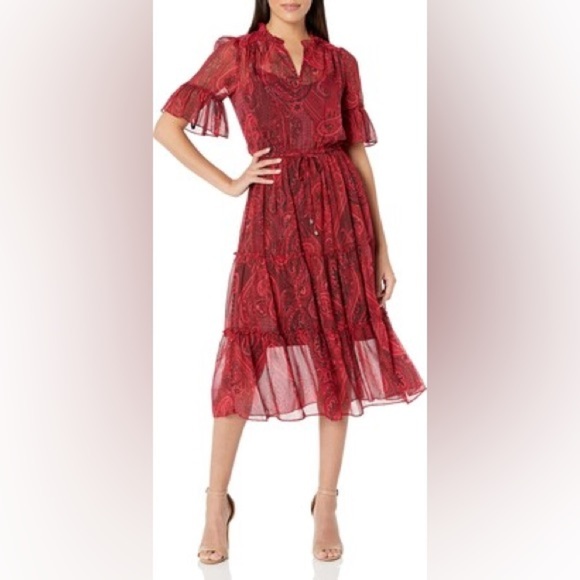 Tommy Hilfiger Red Floral Paisley Flutter Sleeve Midi Dress Size 4 Small S - Picture 1 of 8